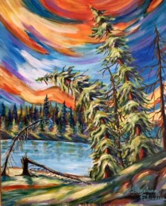 « Les sapins dansent au bord du lac », acrylique sur toile