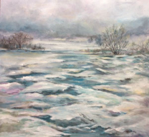 Brouillard sur la Rivières Chaudière, 2018, Acrylique sur toile (30 X 30 pouces)
