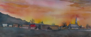 Beauceville à la brunante, 2024, Aquarelle sur papier Arches (5 X 12 pouces)