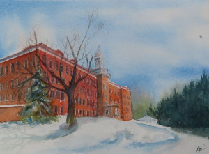 École Jésus-Marie en hiver, 2024 , Aquarelle sur papier Arches (11,5 X 8,5 pouces)