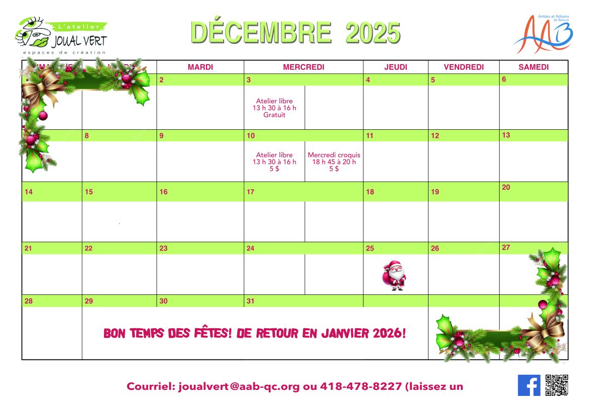 Calendrier du mois de décembre 2025